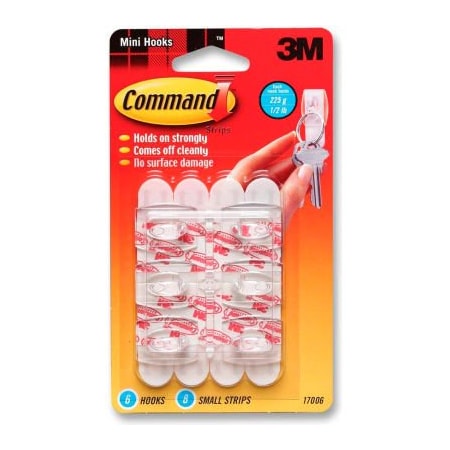 3M Command Hooks, Mini , 1/2lb. Capacity, 6 Hooks/8 Strips 17006